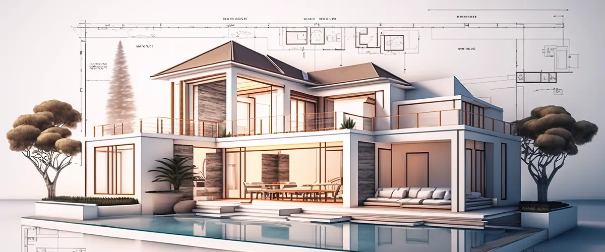 3D architectural rendering of a luxury modern villa with blueprint plans, showcasing exterior design and pool area.