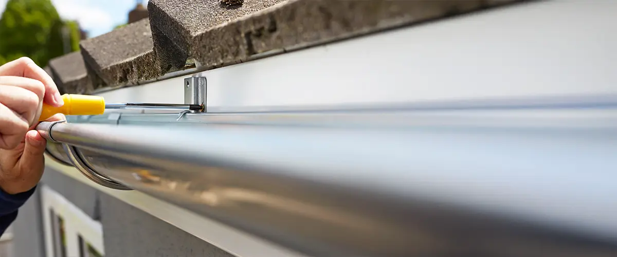 Close-up of a worker installing a house gutter system with a screwdriver, securing brackets to the roof fascia for proper drainage.