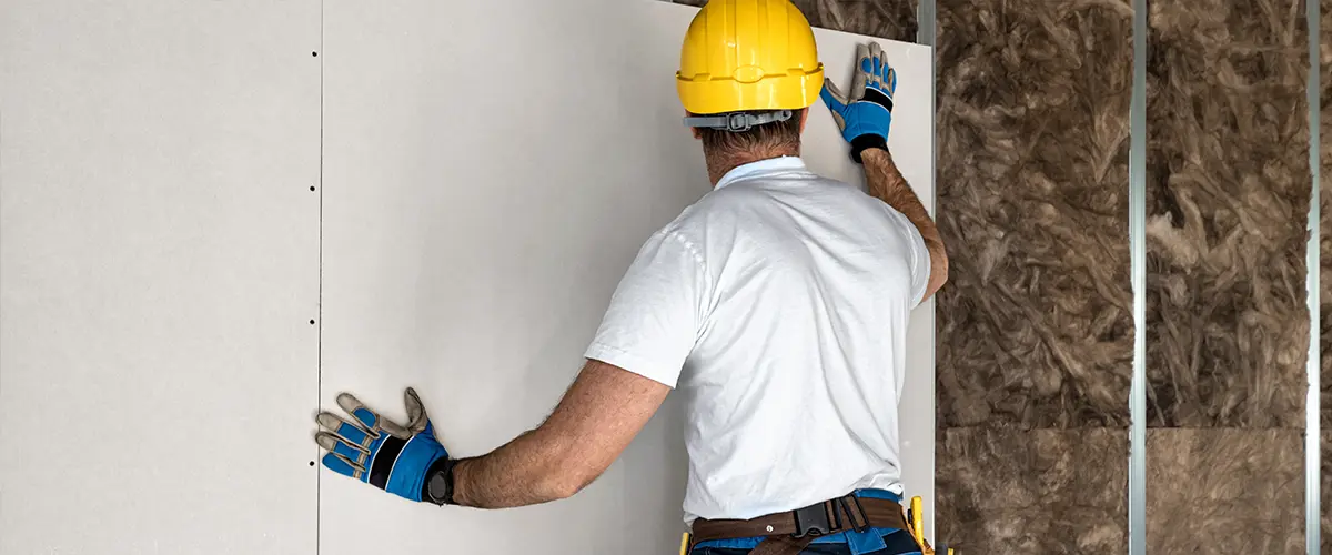 Construction worker installing drywall sheet with yellow hard hat and blue gloves in a home interior renovation project.