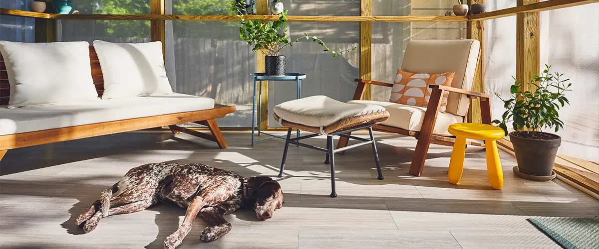 Modern sunroom with wood furniture, houseplants, and a relaxed dog. Stylish screened porch with natural light and cozy seating.