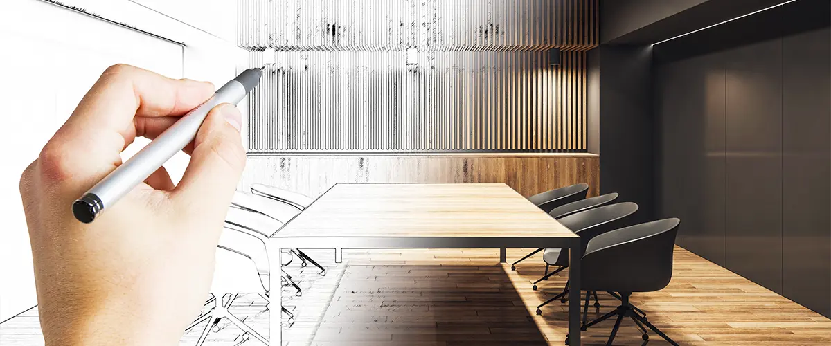 Office interior design concept with half-drawn sketch transitioning into a modern conference room featuring wood paneling and sleek furniture.