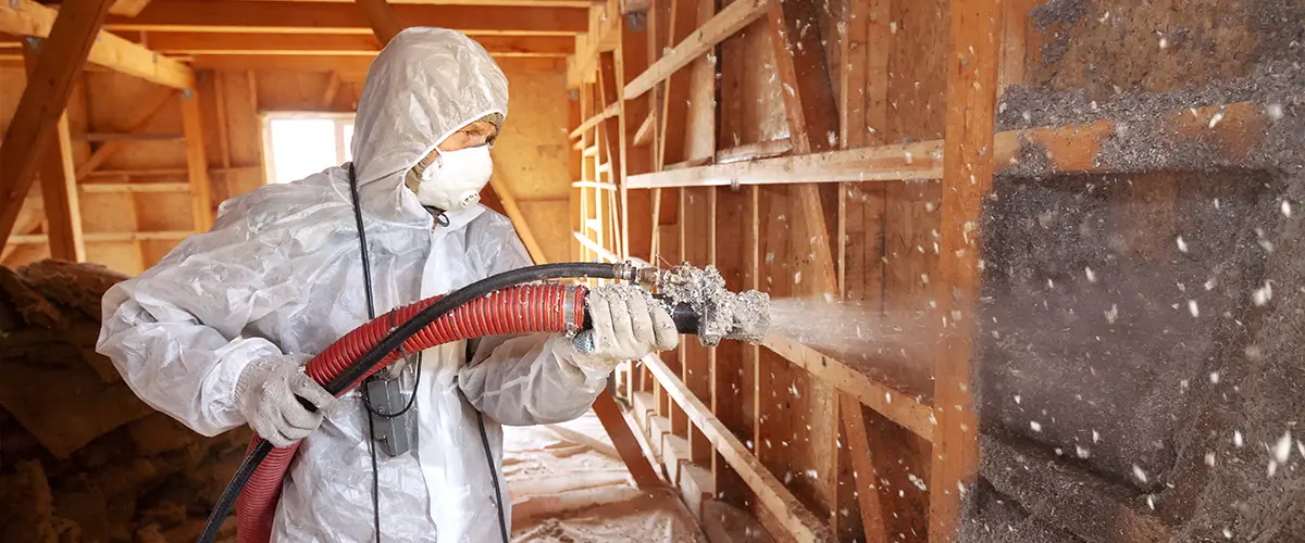 Worker applying spray foam insulation in attic for energy efficiency and temperature control improvement.