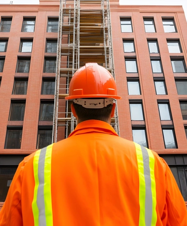Construction worker in a safety vest and hard hat looking up at a multi-story commercial building facade undergoing renovation with scaffolding.