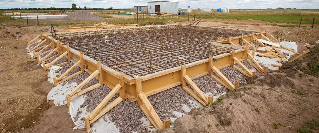 Wood formwork surrounding a steel rebar grid laid over gravel, preparing a reinforced slab foundation type that resists movement caused by clay soil.